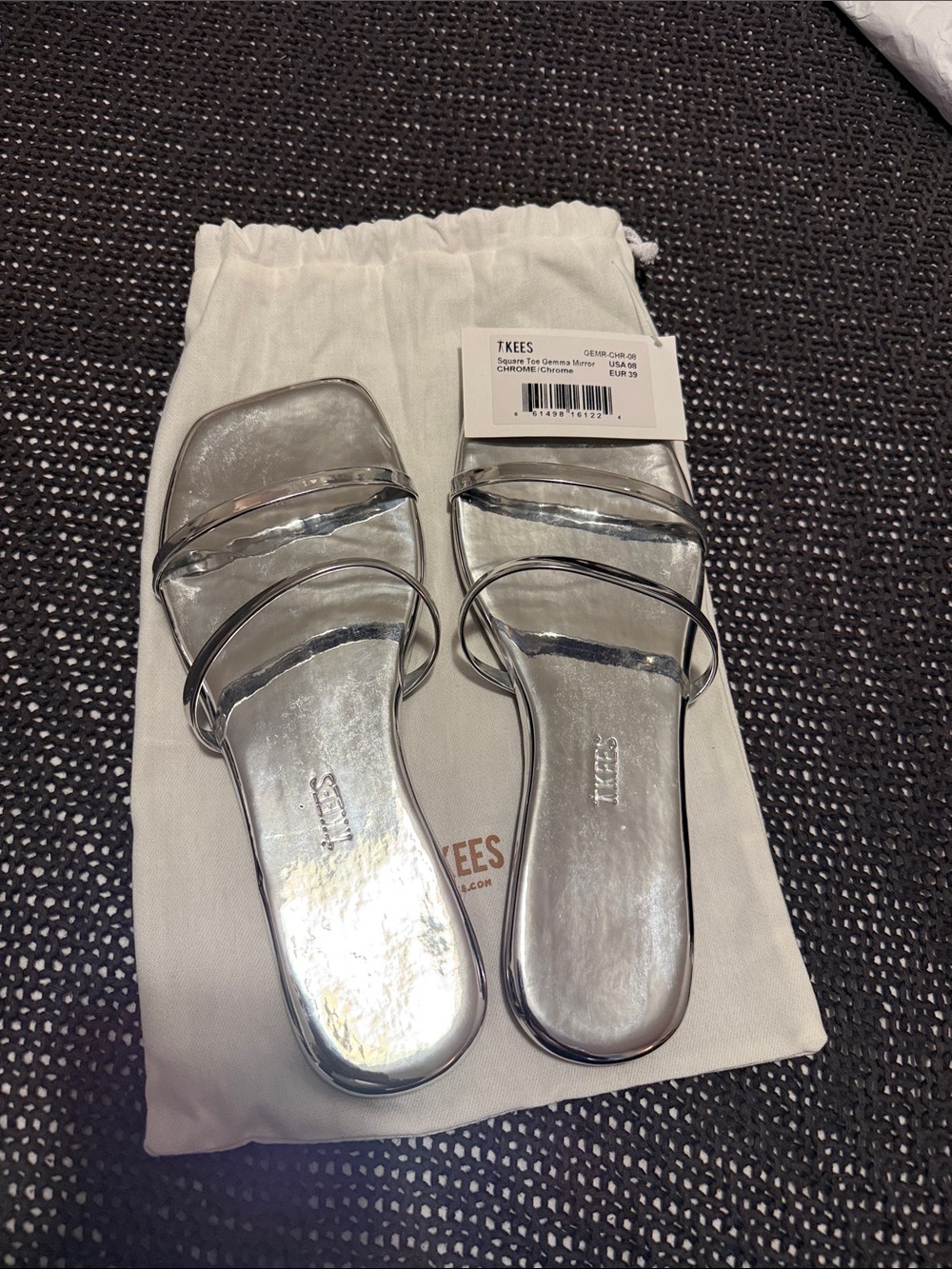 TKEES Silver Metallic Three-Strap Slide Sandals